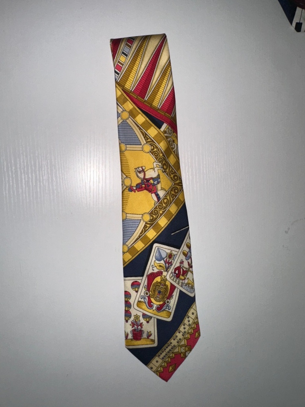Salvatore Ferragamo Navy Gold Red Playing Card Print Silk Tie Made in Italy